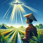"Ilustrasi aplikasi prediksi panen berbasis satelit dari startup Agritech Indonesia, menampilkan peta pertanian dan data analisis hasil panen untuk meningkatkan efisiensi pertanian."