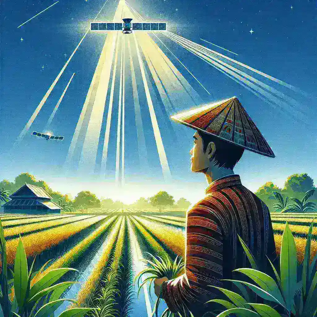 "Ilustrasi aplikasi prediksi panen berbasis satelit dari startup Agritech Indonesia, menampilkan peta pertanian dan data analisis hasil panen untuk meningkatkan efisiensi pertanian."