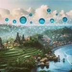 "Landscape of Bali showcasing smart tourism initiatives and IoT technology, featuring tourists using smart devices amidst scenic rice terraces and modern digital infrastructures."