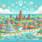 "Beautiful aerial view of Bali showcasing smart tourism infrastructure integrated with IoT technology, highlighting the island's innovative eco-tourism initiatives."